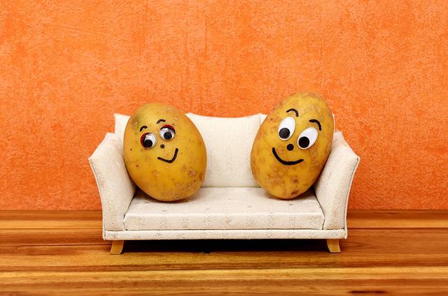 Two potatoes with faces painted on sitting on a miniature couch