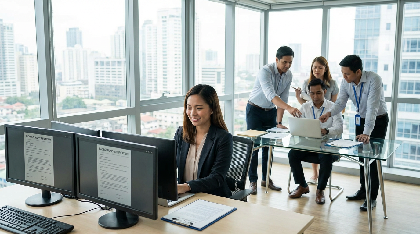 Professional Filipino HR manager reviewing background check documents on computer in modern office